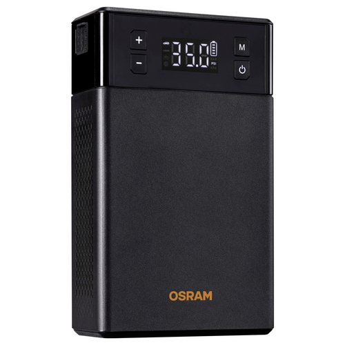 Schwarzer tragbarer Luftkompressor mit digitaler Anzeige, zeigt '35.0 PSI'. Bedientasten oben, orangefarbener 'OSRAM'-Schriftzug unten.